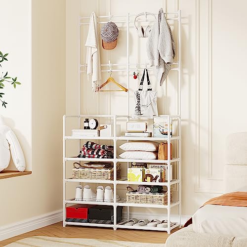 UDEAR 5-Tier Coat and Shoe Rack, Entryway Coat rack with 9 Hooks, Double Row Shoes Organizer for Living Room, Bedroom, Office,White