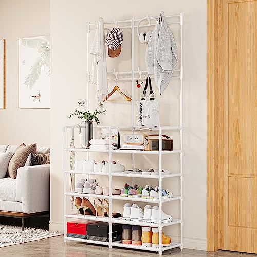 UDEAR 5-Tier Coat and Shoe Rack, Entryway Coat rack with 9 Hooks, Double Row Shoes Organizer for Living Room, Bedroom, Office,White