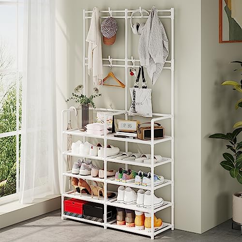 UDEAR 5-Tier Coat and Shoe Rack, Entryway Coat rack with 9 Hooks, Double Row Shoes Organizer for Living Room, Bedroom, Office,White