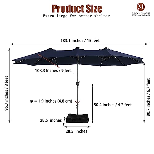 MONDAWE 15ft Double Sided Patio Umbrella with Solar Lights (Base Included) Large Outdoor Table Umbrella Rectangular Market Umbrella with Hand Crank 36 LED 12 Ribs for Outside Backyard Poolside