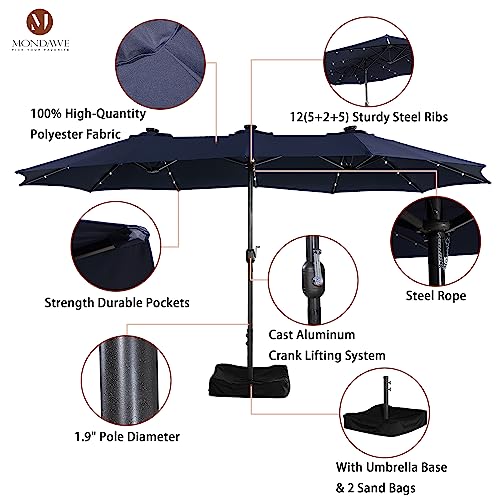 MONDAWE 15ft Double Sided Patio Umbrella with Solar Lights (Base Included) Large Outdoor Table Umbrella Rectangular Market Umbrella with Hand Crank 36 LED 12 Ribs for Outside Backyard Poolside