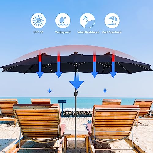 MONDAWE 15ft Double Sided Patio Umbrella with Solar Lights (Base Included) Large Outdoor Table Umbrella Rectangular Market Umbrella with Hand Crank 36 LED 12 Ribs for Outside Backyard Poolside