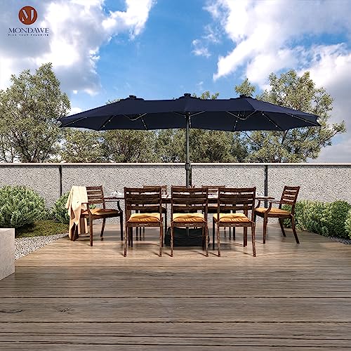 MONDAWE 15ft Double Sided Patio Umbrella with Solar Lights (Base Included) Large Outdoor Table Umbrella Rectangular Market Umbrella with Hand Crank 36 LED 12 Ribs for Outside Backyard Poolside