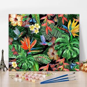 tropical flowers watercolor paint by number, leaves and plants paint by numbers for adults kids beginner, bird diy oil painting by numbers on canvas for kids perfect gifts, 16x20 inch, without framed