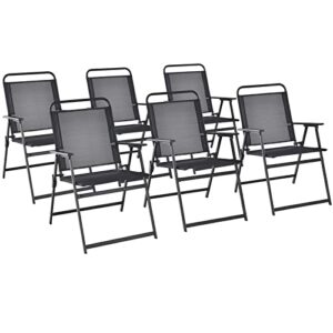 tangkula outdoor folding chairs set of 6, patio dining chairs with breathable seat & cozy armrests, heavy-duty metal frame, portable lawn chairs for backyard, porch, camping (6, black)