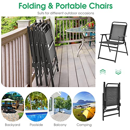 Tangkula Outdoor Folding Chairs Set of 6, Patio Dining Chairs with Breathable Seat & Cozy Armrests, Heavy-Duty Metal Frame, Portable Lawn Chairs for Backyard, Porch, Camping (6, Black)