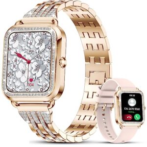 small smart watch for women with diamonds (answer/make call) - 1.57'' hd screen bluetooth smartwatch for android ios, waterproof fitness watch with heart rate/spo2/sleep/bp/ai voice (rose gold)
