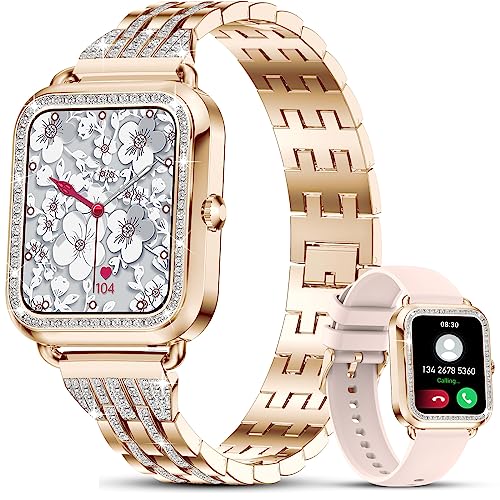 Small Smart Watch for Women with Diamonds (Answer/Make Call) - 1.57'' HD Screen Bluetooth Smartwatch for Android iOS, Waterproof Fitness Watch with Heart Rate/SpO2/Sleep/BP/AI Voice (Rose Gold)