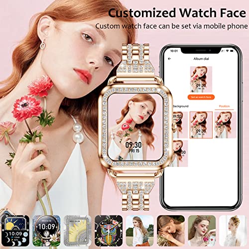 Small Smart Watch for Women with Diamonds (Answer/Make Call) - 1.57'' HD Screen Bluetooth Smartwatch for Android iOS, Waterproof Fitness Watch with Heart Rate/SpO2/Sleep/BP/AI Voice (Rose Gold)