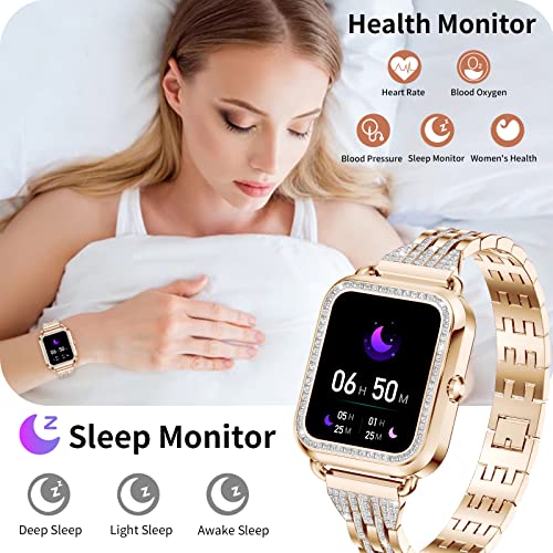 Small Smart Watch for Women with Diamonds (Answer/Make Call) - 1.57'' HD Screen Bluetooth Smartwatch for Android iOS, Waterproof Fitness Watch with Heart Rate/SpO2/Sleep/BP/AI Voice (Rose Gold)