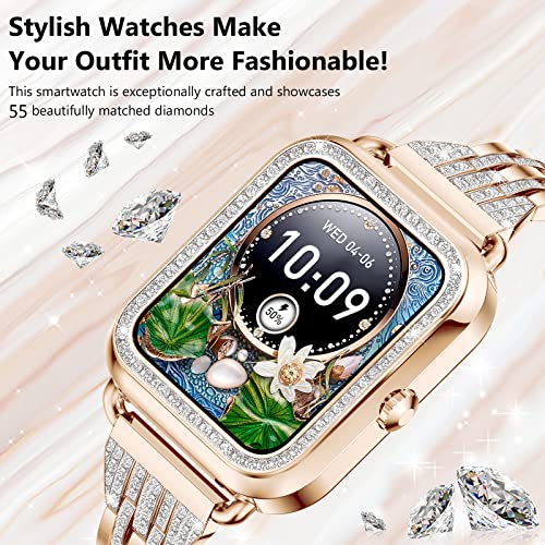 Small Smart Watch for Women with Diamonds (Answer/Make Call) - 1.57'' HD Screen Bluetooth Smartwatch for Android iOS, Waterproof Fitness Watch with Heart Rate/SpO2/Sleep/BP/AI Voice (Rose Gold)