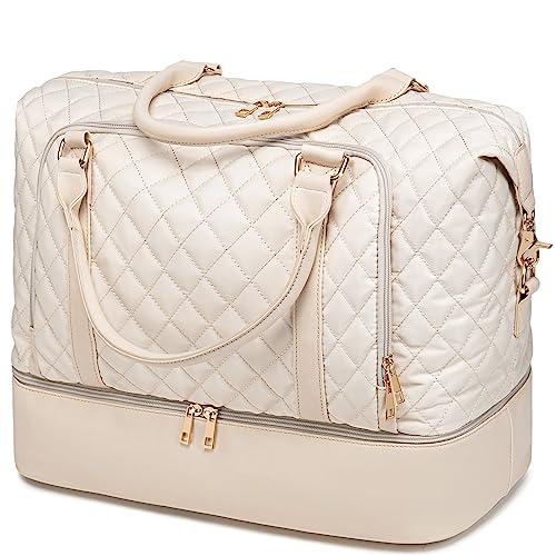 CAMTOP Women Ladies Travel Weekender Bag Overnight Duffel Carry-on Tote Bag with Luggage Sleeve fit 15.6 Inch Laptop Computer (Beige,Quilted)