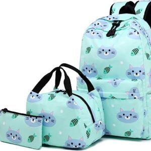 Backpack for School Girls Kids Bookbag Set Water Resistant School Bag with Insulated Lunch Bag (Cat-Water Blue)