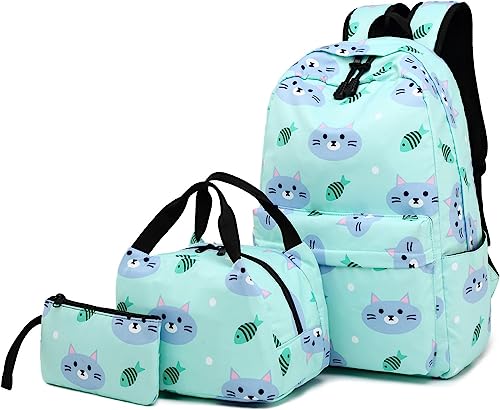 Backpack for School Girls Kids Bookbag Set Water Resistant School Bag with Insulated Lunch Bag (Cat-Water Blue)