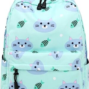 Backpack for School Girls Kids Bookbag Set Water Resistant School Bag with Insulated Lunch Bag (Cat-Water Blue)