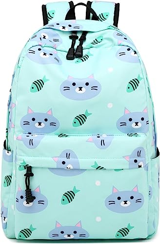 Backpack for School Girls Kids Bookbag Set Water Resistant School Bag with Insulated Lunch Bag (Cat-Water Blue)