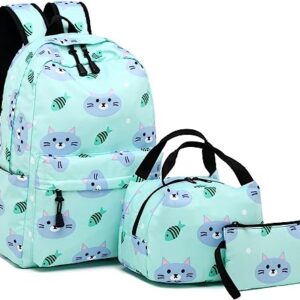 Backpack for School Girls Kids Bookbag Set Water Resistant School Bag with Insulated Lunch Bag (Cat-Water Blue)