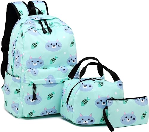 Backpack for School Girls Kids Bookbag Set Water Resistant School Bag with Insulated Lunch Bag (Cat-Water Blue)