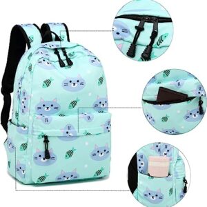 Backpack for School Girls Kids Bookbag Set Water Resistant School Bag with Insulated Lunch Bag (Cat-Water Blue)