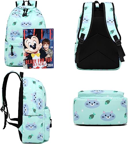 Backpack for School Girls Kids Bookbag Set Water Resistant School Bag with Insulated Lunch Bag (Cat-Water Blue)