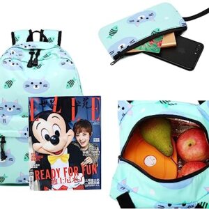 Backpack for School Girls Kids Bookbag Set Water Resistant School Bag with Insulated Lunch Bag (Cat-Water Blue)