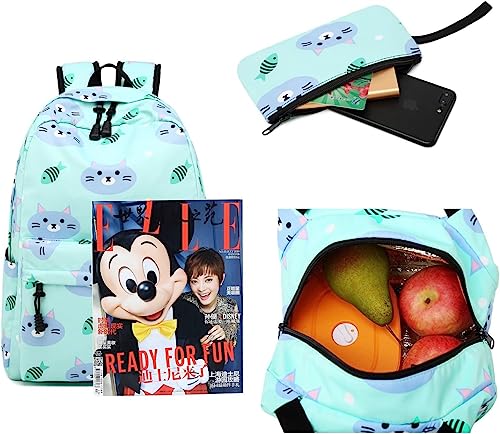 Backpack for School Girls Kids Bookbag Set Water Resistant School Bag with Insulated Lunch Bag (Cat-Water Blue)