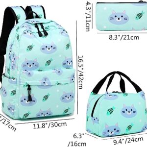 Backpack for School Girls Kids Bookbag Set Water Resistant School Bag with Insulated Lunch Bag (Cat-Water Blue)