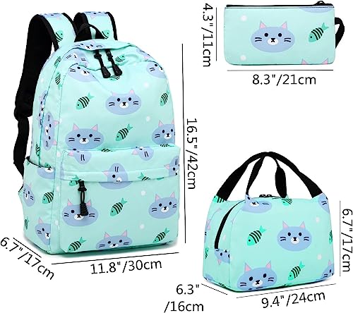 Backpack for School Girls Kids Bookbag Set Water Resistant School Bag with Insulated Lunch Bag (Cat-Water Blue)