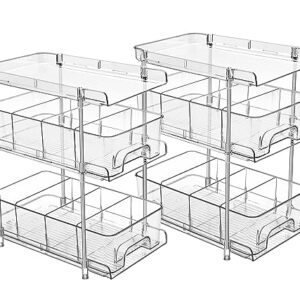 Hsuner 2 Set 3 Tier Clear Under the Sink Organizer Bathroom with Dual Pull-Out Drawers 12 Dividers, Multi-Purpose Storage for Kitchen Pantry, Vanity Skincare and Snacks, Medicine Cabinet Organizer