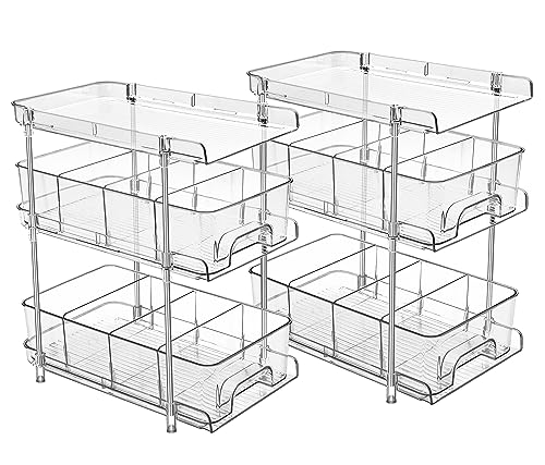 Hsuner 2 Set 3 Tier Clear Under the Sink Organizer Bathroom with Dual Pull-Out Drawers 12 Dividers, Multi-Purpose Storage for Kitchen Pantry, Vanity Skincare and Snacks, Medicine Cabinet Organizer