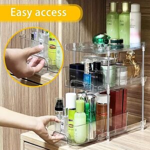 Hsuner 2 Set 3 Tier Clear Under the Sink Organizer Bathroom with Dual Pull-Out Drawers 12 Dividers, Multi-Purpose Storage for Kitchen Pantry, Vanity Skincare and Snacks, Medicine Cabinet Organizer