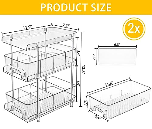 Hsuner 2 Set 3 Tier Clear Under the Sink Organizer Bathroom with Dual Pull-Out Drawers 12 Dividers, Multi-Purpose Storage for Kitchen Pantry, Vanity Skincare and Snacks, Medicine Cabinet Organizer