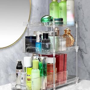 Hsuner 2 Set 3 Tier Clear Under the Sink Organizer Bathroom with Dual Pull-Out Drawers 12 Dividers, Multi-Purpose Storage for Kitchen Pantry, Vanity Skincare and Snacks, Medicine Cabinet Organizer