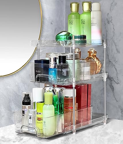 Hsuner 2 Set 3 Tier Clear Under the Sink Organizer Bathroom with Dual Pull-Out Drawers 12 Dividers, Multi-Purpose Storage for Kitchen Pantry, Vanity Skincare and Snacks, Medicine Cabinet Organizer