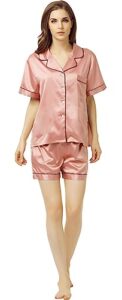 eqiqu womens silk satin pajamas set two-piece pjs sets short sleeve sleepwear button-down loungewear rose gold medium