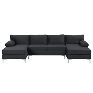divano roma furniture modern large velvet fabric u-shape sectional sofa, double extra wide chaise lounge couch, black