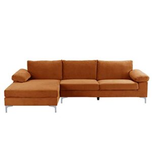 divano roma furniture modern velvet l-shape sectional sofa, with extra wide chaise lounge couch, orange
