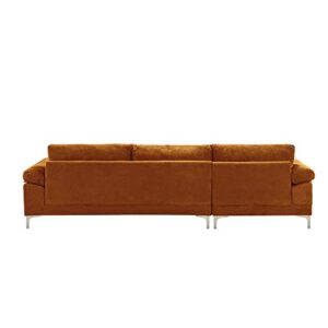 Divano Roma Furniture Modern Velvet L-Shape Sectional Sofa, with Extra Wide Chaise Lounge Couch, Orange