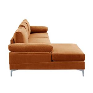 Divano Roma Furniture Modern Velvet L-Shape Sectional Sofa, with Extra Wide Chaise Lounge Couch, Orange