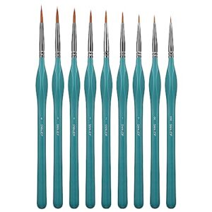 fine detail brush professional grade and high-density non slip acrylic tranquil-azure handle,9 pack,miniature,model painting,watercolor,oil,warhammer 40k(random delivery of red and green color)