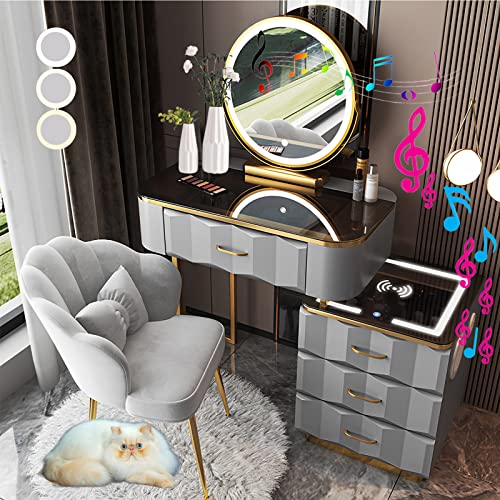 YIMAKEY Vanity Desk Mirror Bluetooth: Cute Makeup Table with Lights Mirror Chair 5 Drawers Wireless Charging Speaker Modern Mesa Combo - for Women - Authentic Handmade (White Black - 31 inch)