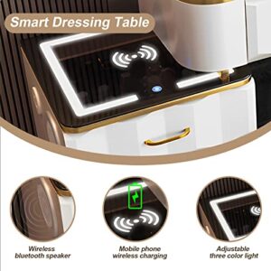 YIMAKEY Vanity Desk Mirror Bluetooth: Cute Makeup Table with Lights Mirror Chair 5 Drawers Wireless Charging Speaker Modern Mesa Combo - for Women - Authentic Handmade (White Black - 31 inch)