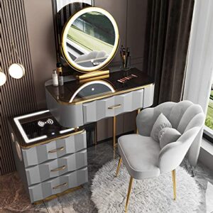 YIMAKEY Vanity Desk Mirror Bluetooth: Cute Makeup Table with Lights Mirror Chair 5 Drawers Wireless Charging Speaker Modern Mesa Combo - for Women - Authentic Handmade (White Black - 31 inch)