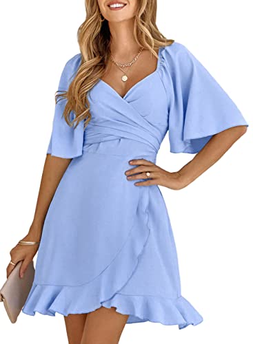 Dokotoo Women's Wrap V Neck Short Flared Sleeve Smocked Elastic Waist Tiered Belted Ruffle Hem Party Short Dress Sky Blue S