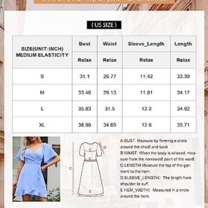 Dokotoo Women's Wrap V Neck Short Flared Sleeve Smocked Elastic Waist Tiered Belted Ruffle Hem Party Short Dress Sky Blue S