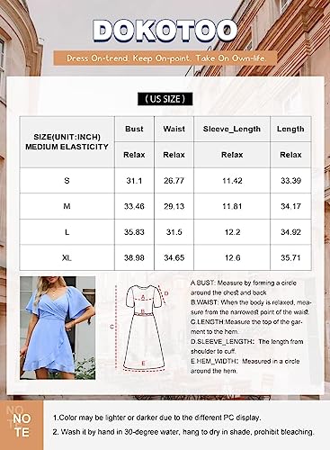 Dokotoo Women's Wrap V Neck Short Flared Sleeve Smocked Elastic Waist Tiered Belted Ruffle Hem Party Short Dress Sky Blue S