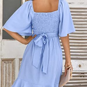 Dokotoo Women's Wrap V Neck Short Flared Sleeve Smocked Elastic Waist Tiered Belted Ruffle Hem Party Short Dress Sky Blue S