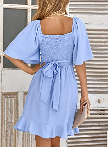 Dokotoo Women's Wrap V Neck Short Flared Sleeve Smocked Elastic Waist Tiered Belted Ruffle Hem Party Short Dress Sky Blue S