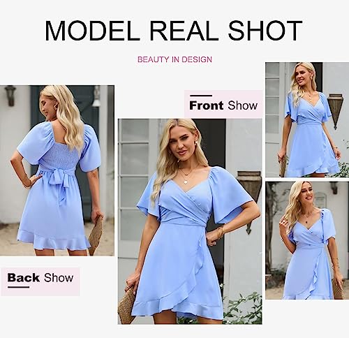 Dokotoo Women's Wrap V Neck Short Flared Sleeve Smocked Elastic Waist Tiered Belted Ruffle Hem Party Short Dress Sky Blue S