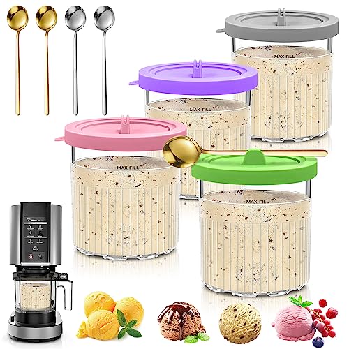 OPMGUWZY Pint Containers for Ninja Creami with Silicone Lids and Stainless Steel Spoon 4 Pack Compatible with NC299AMZ NC300s NC301 and CN301CO Series Ice Cream Maker, Airtight and Dishwasher Safe